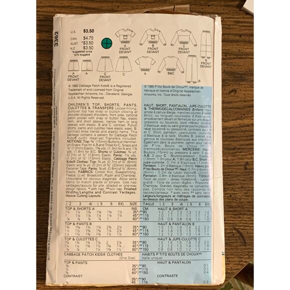 VTG Butterick Cabbage Patch Kids Pattern #3362 Top Shorts Pants Culottes 5-6-6X - Picture 2 of 8